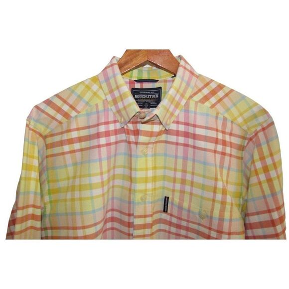 Rough Stock Panhandle Slim Yellow & Pink Plaid Long Sleeve Button Up Shirt L - Picture 2 of 2